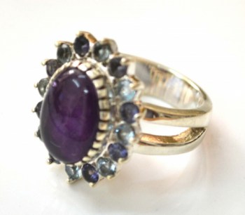 Zilveren edelsteen ring met Amethist, Ioliet en blauw Topaas 18 